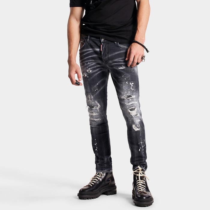 ディースクエアード S74LB1296 BLACK WASH SKATER JEANS メンズ ブラック デニム ジーンズ スリム ダメージ  ラインストーン