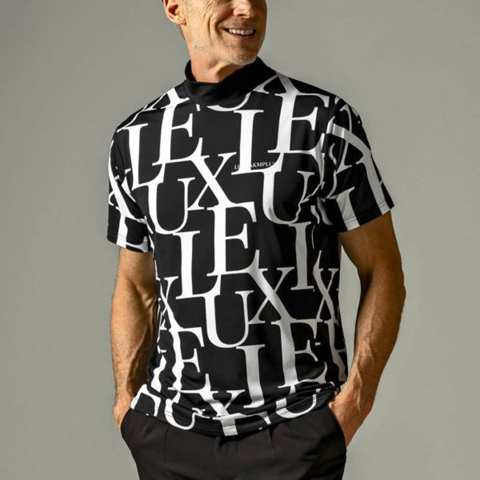 リュクスエイケイエムプラス LAT-23009 ゴルフ 総柄ロゴ半袖モックネックTシャツ ブラック