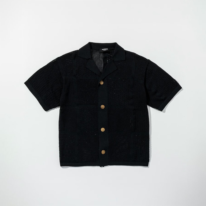 1PIU1UGUALE3 RELAX(ウノピゥウノウグァーレトレ リラックス) ブロックメッシュニットオープンカラーシャツ USK-26001 ブラック