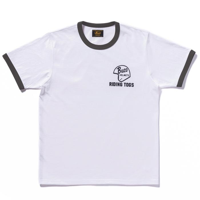 ブコ BUCO TEE / RIDING TOGS ホワイト チャコール メンズ 半袖 バイカー プリント リンガー Tシャツ バックプリント