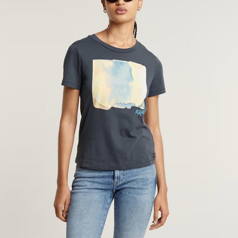 ジースターロウ D24643-4107-860 Abstract Water Color Print Top レディース 半袖 プリント Tシャツ