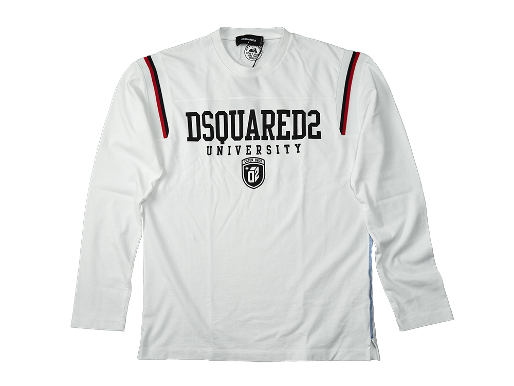 DSQUARED2 s74gd1218 Varsity Fit Tee ロングＴシャツ クルーネック カレッジロゴ サイドライン ホワイト D2