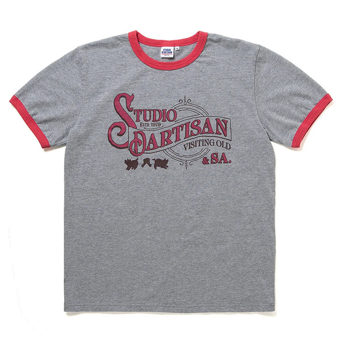 STUDIO_D'ARTISAN(ステュディオダルチザン) プリントリンガーTシャツ【8177】:杢グレー×レッド