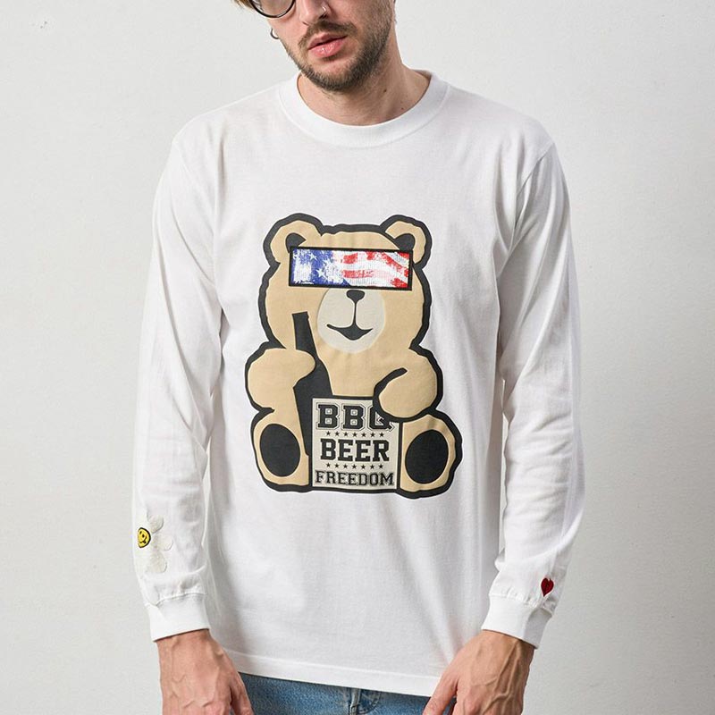 スタッドマフィン 424-02718 5.6ozコットン天竺 BEARシークイン LS Tシャツ ホワイト メンズ 長袖 ロンTツ ホワイト メンズ バックプリント