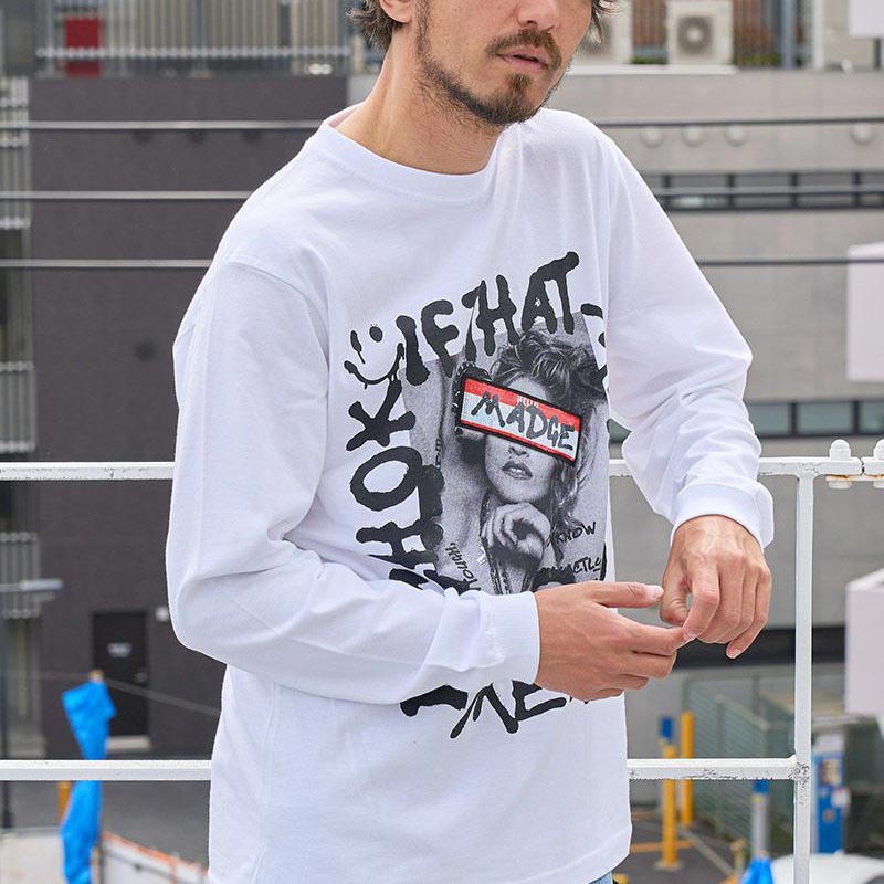 スタッドマフィン 424-02719 5.6ozコットン天竺 BEARシークイン LS Tシャツ ホワイト メンズ 長袖 ロンT アメリカンフラッグ ピースグラフィック