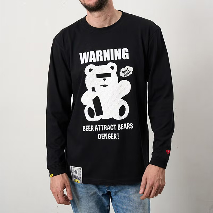 STUD MUFFIN(スタッドマフィン) 624-02905 5.6ozコットン天竺 WARNING BEARフォームプリントLS Tシャツ BLK