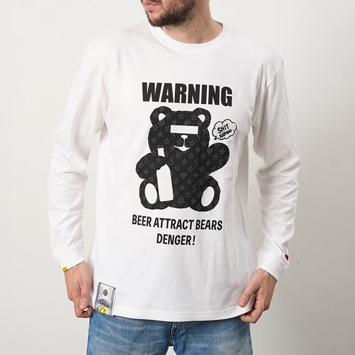 STUD MUFFIN(スタッドマフィン) 624-02905 5.6ozコットン天竺 WARNING BEARフォームプリントLS Tシャツ WHT