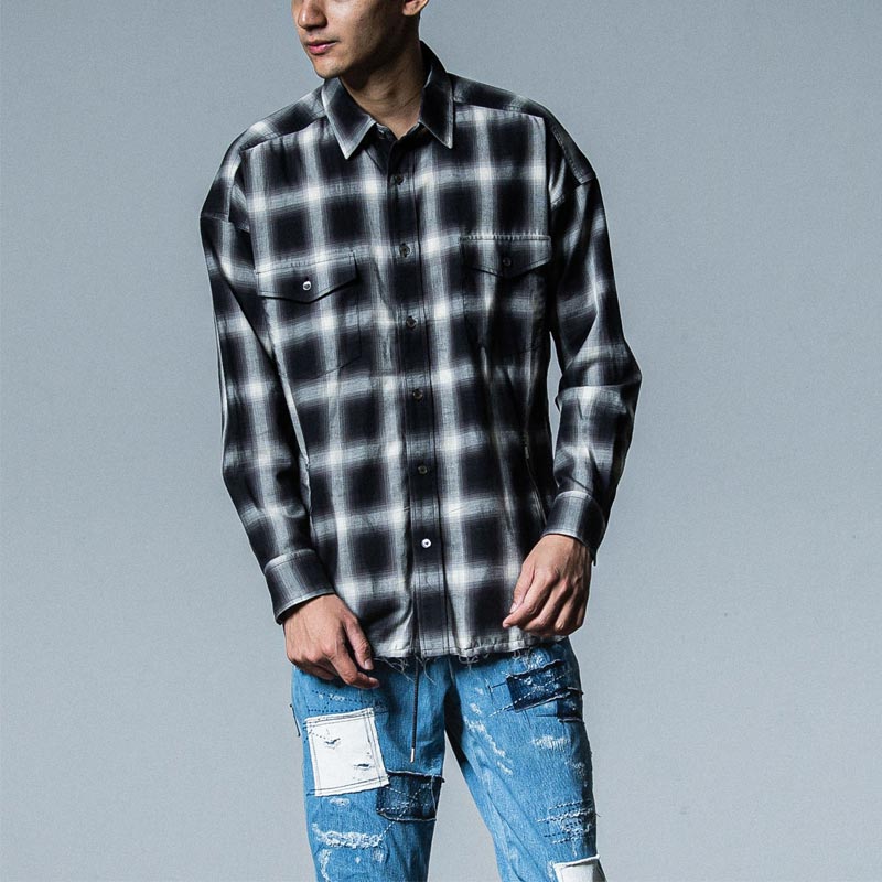 33th Collection リサウンドクロージング  RC33-SH-003 OVER GOWN CHECK SHIRTS BLACK メンズ オーバーガウンチェックシャツ