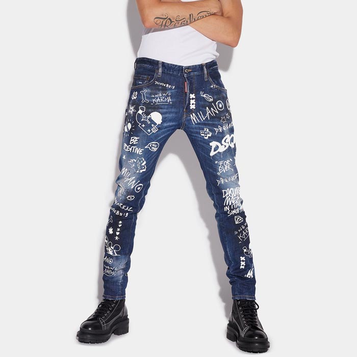 SALE DSQUARED2 ディースクエアード Dark Graffiti Wash Skater Jeans