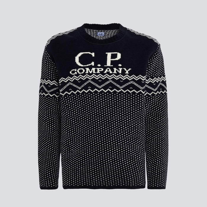 C.Pカンパニー 15CMKN063A Chenille Cotton Jacquard Knit クルーネック ニットセーター ブラック メンズ