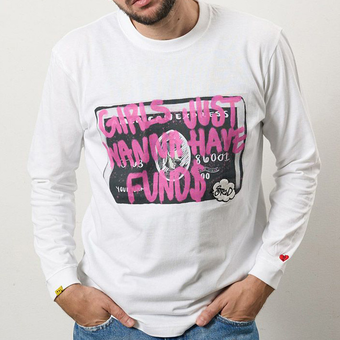 STUD MUFFIN(スタッドマフィン) 614-02857 5.6ozコットン天竺 クレジットグラフィティ＆パッチLSシャツ ロンT WHT