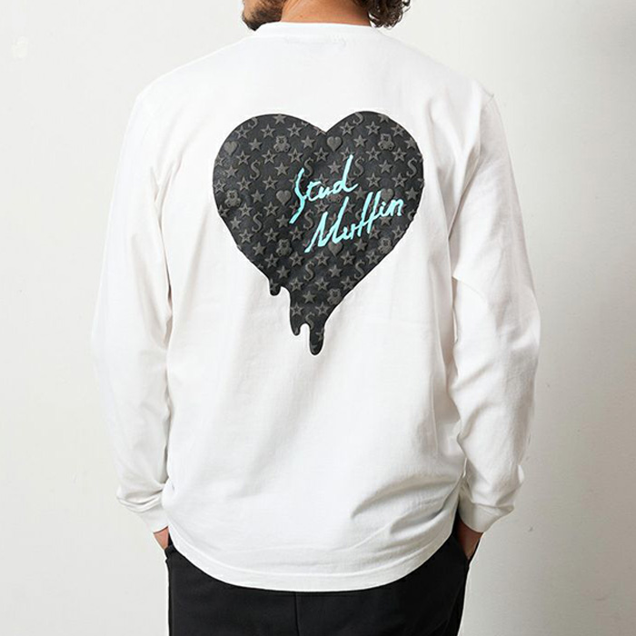 STUD MUFFIN(スタッドマフィン) 524-02812 5.6ozコットン天竺 スターグラムハート＆シークインLS Tシャツ WHT