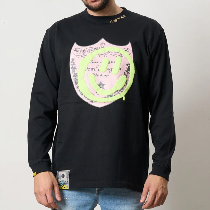 STUD MUFFIN(スタッドマフィン) 524-02819 5.6ozコットン天竺 ラベルスマイル発泡プリント LS Tシャツ BK