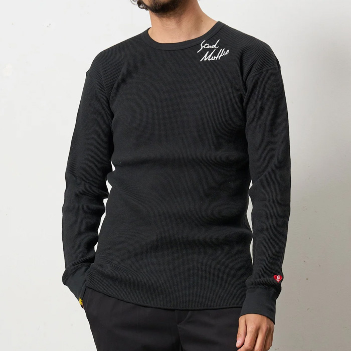 STUD MUFFIN(スタッドマフィン) 524-02822 ヘビーコットンワッフル ロゴ＆ハート刺繍 LS サーマル BK